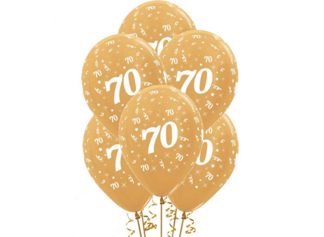 70th Birthday Balloons - Gold 6pk