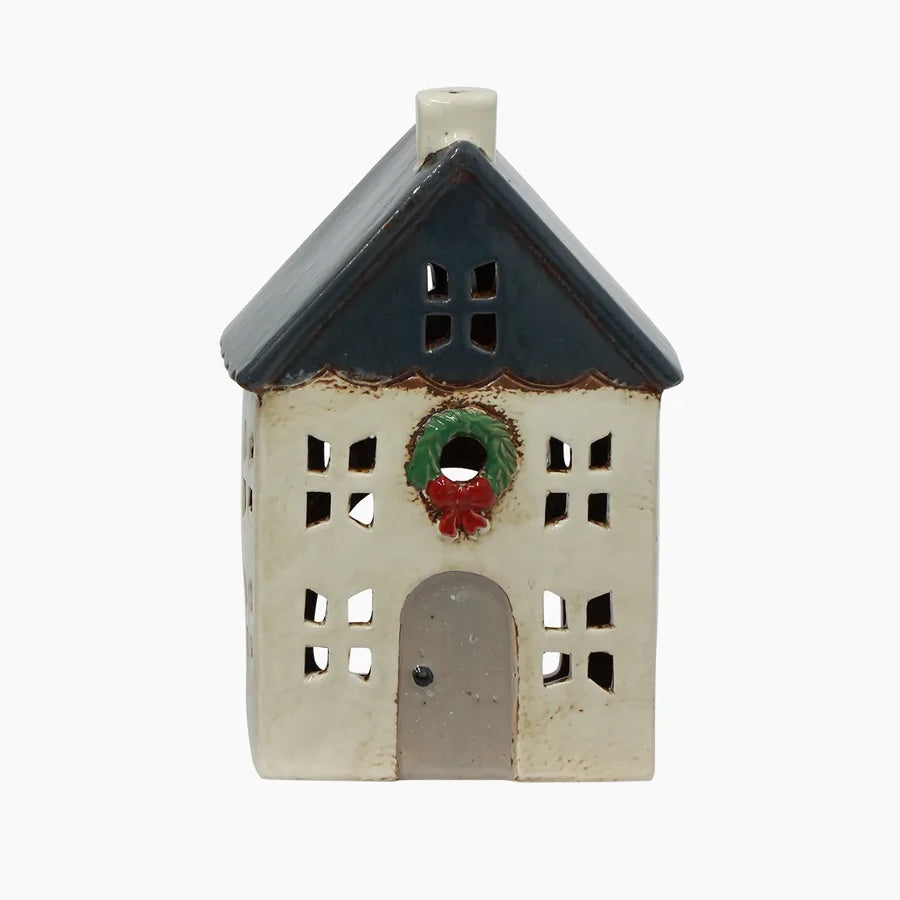 Alsace Tea Light House Blue with Wreath Small