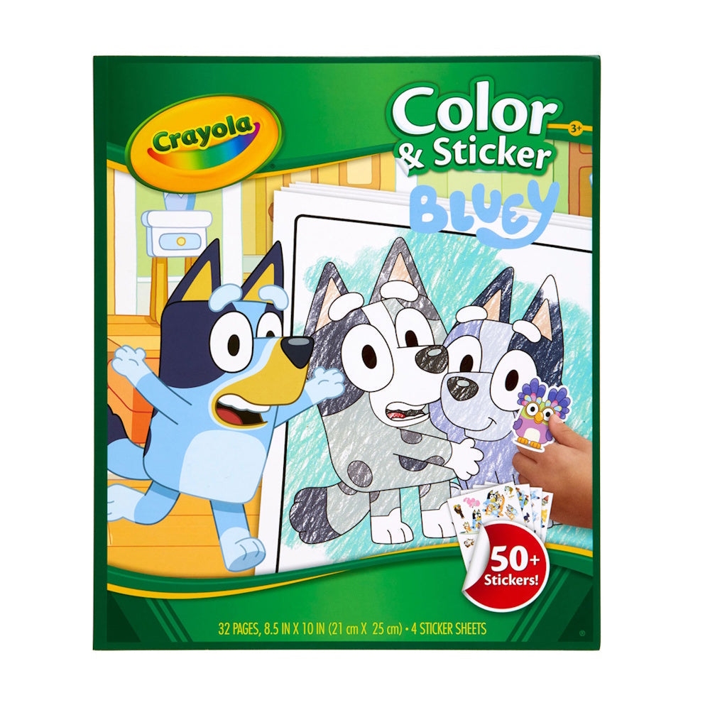Crayola Color & Sticker book featuring Bluey characters on a white background
