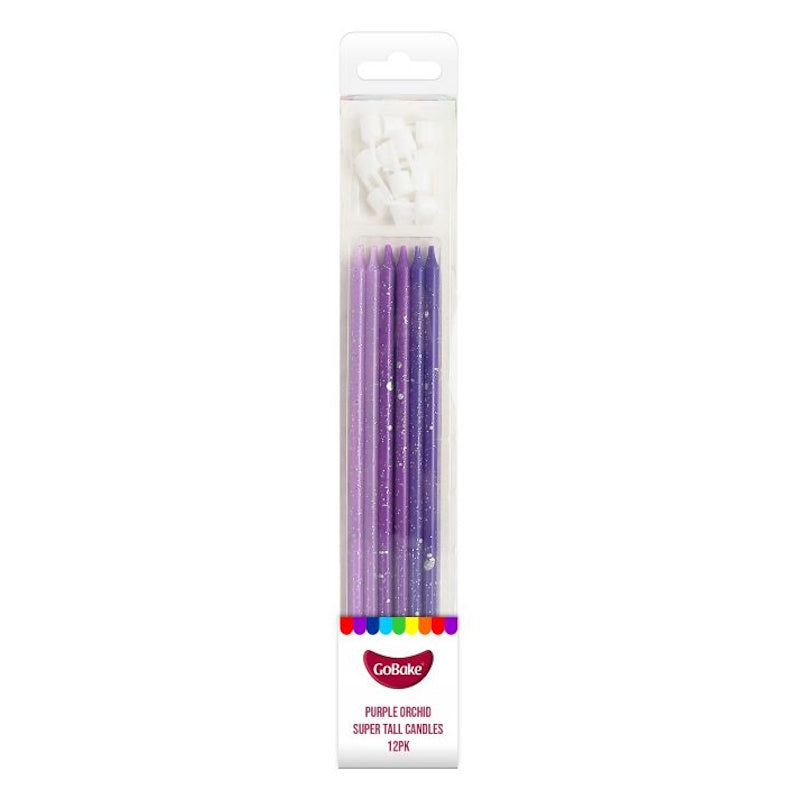 Tall Candles Purple with Silver Splatter 12pk