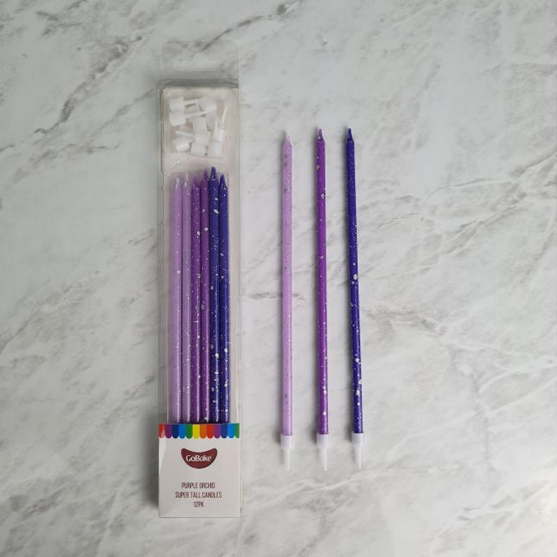 Tall Candles Purple with Silver Splatter 12pk