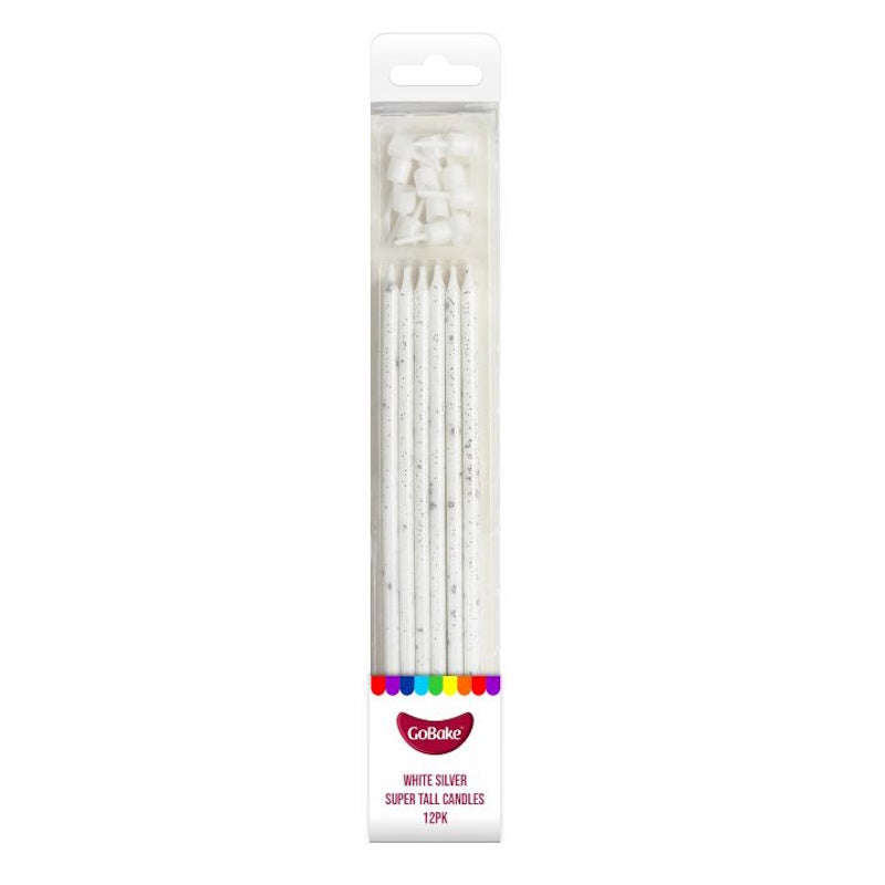 Tall Candles White with Silver Splatter 12pk