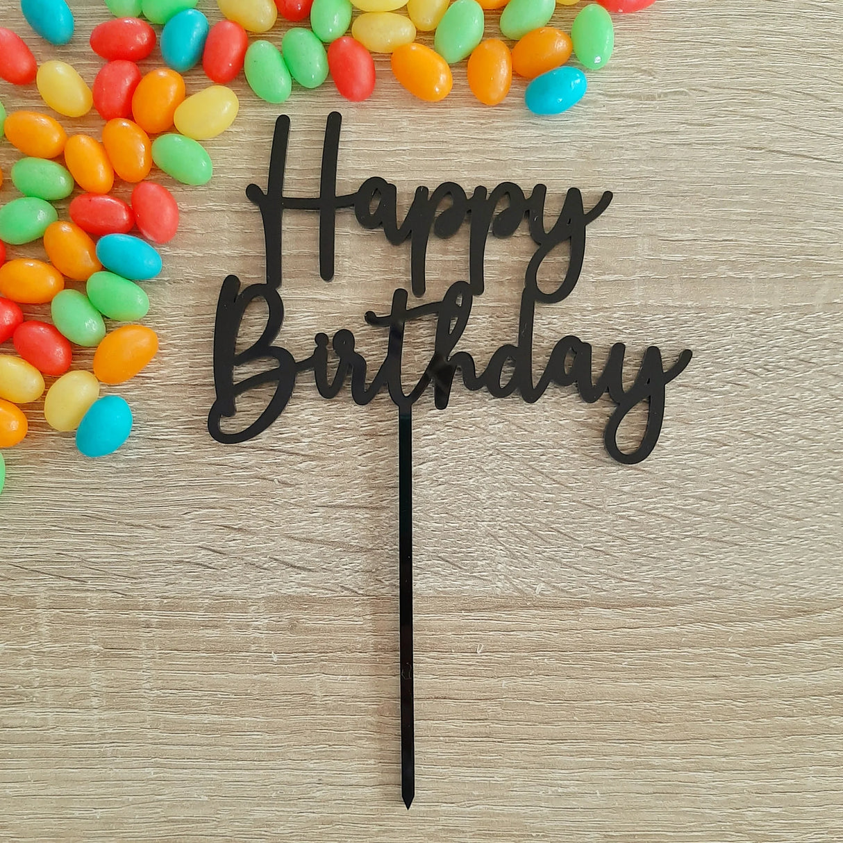 Happy Birthday Cake Topper - Black Acrylic