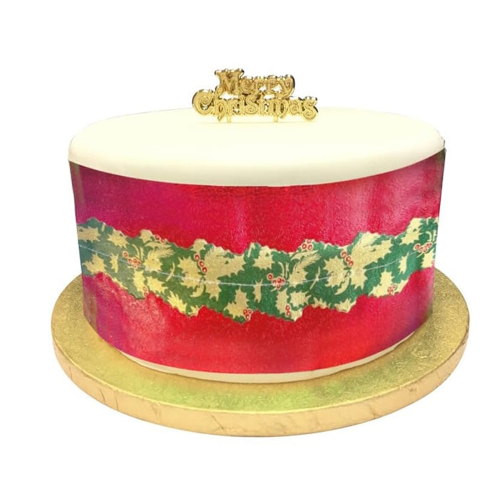 Christmas Cake Frill - Red with Holly Print Centre