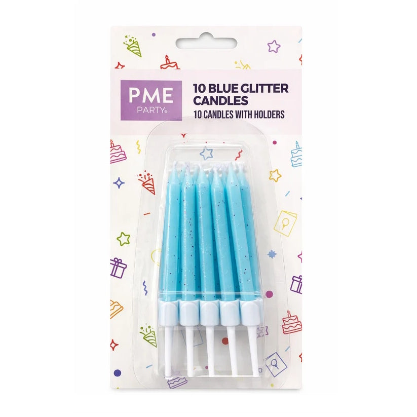 PME Blue Glitter Candles with Holders 10pk