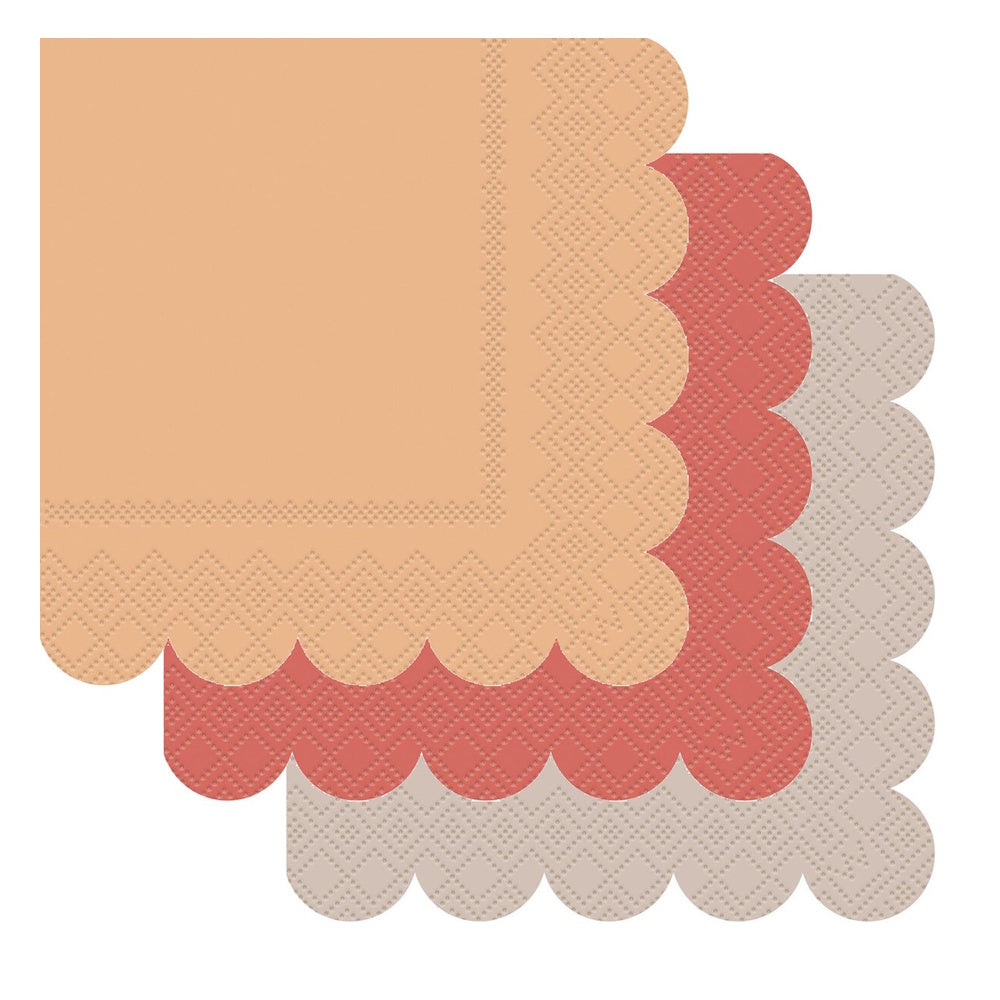 Peach, Coral & Brown Scalloped Edge Beverage Napkins 16pk