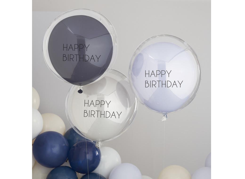 Blue & Grey Double Stuffed Happy Birthday Balloon Bundle