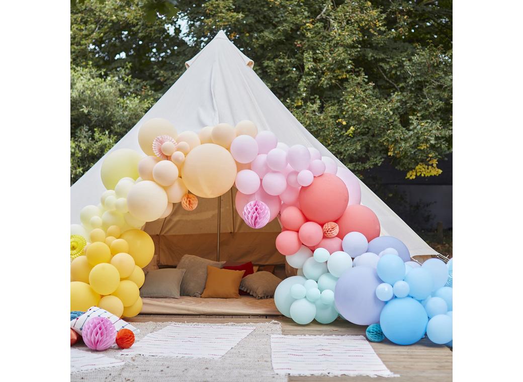 Brights Balloon Arch with Honeycomb & Fan Decorations