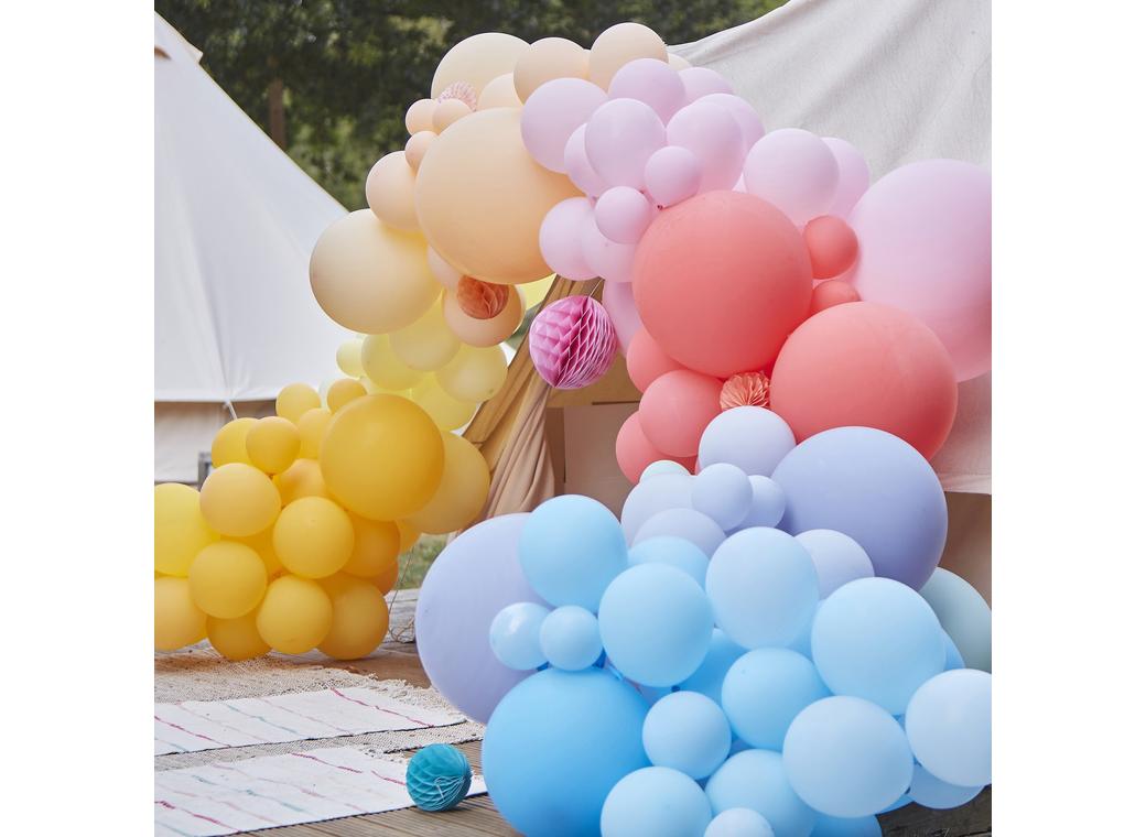 Brights Balloon Arch with Honeycomb & Fan Decorations