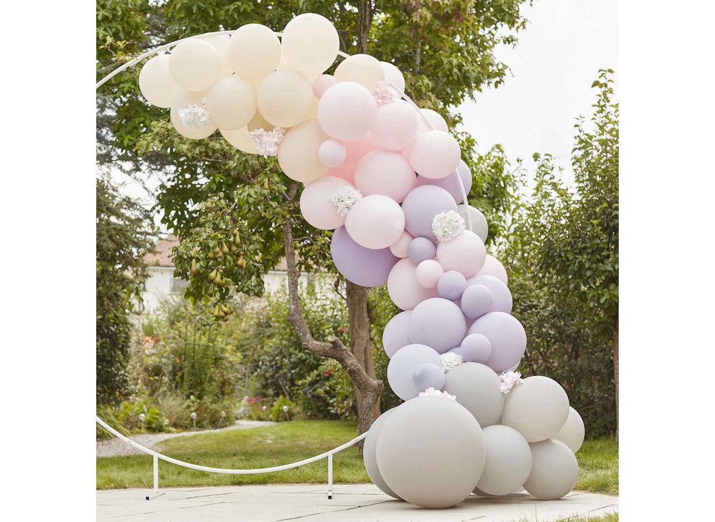 Luxe Pink, Lilac & Grey Balloon Arch with Hydrangeas