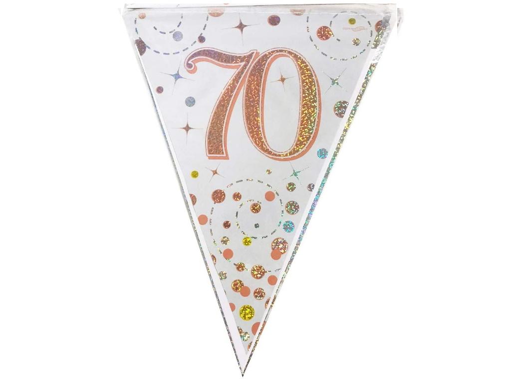 Wimpelkette 'Sparkling Rosegold' Für 70. Geburtstag | 3,9 M Lang, 11 Flaggen | Holografisches Design, Einseitig Bedruckt
