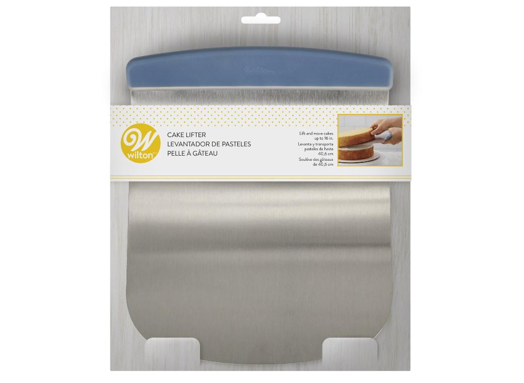 A Wilton Cake Lifter in packaging, displaying the stainless steel lifter with a blue handle and the product label.