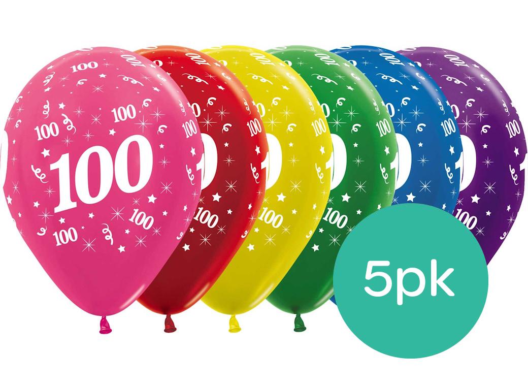 100th Birthday Balloons - Assorted 5pk