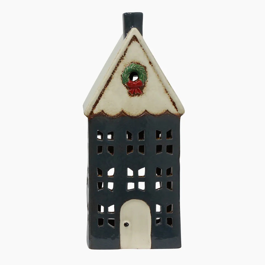 Alsace Tea Light House Blue with Wreath Large