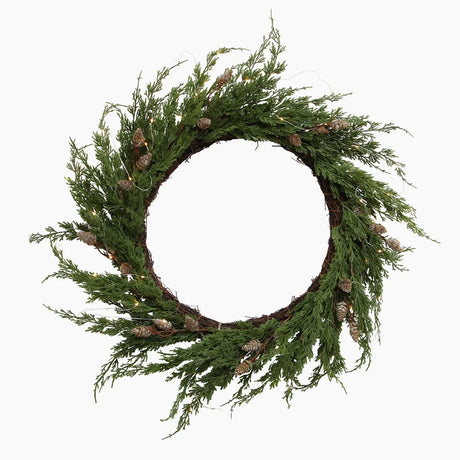 French Country Cedar & Pinecone Wreath with Lights