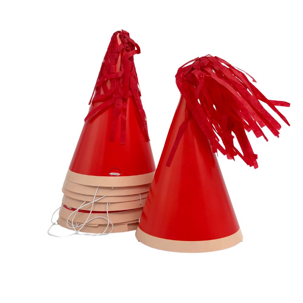 Party Hats with Tissue Tassle 8pk - Red