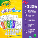 Crayola Whipped Paint Kit with paint tubes, tips, brush, and coloring sheets on a yellow and purple background.