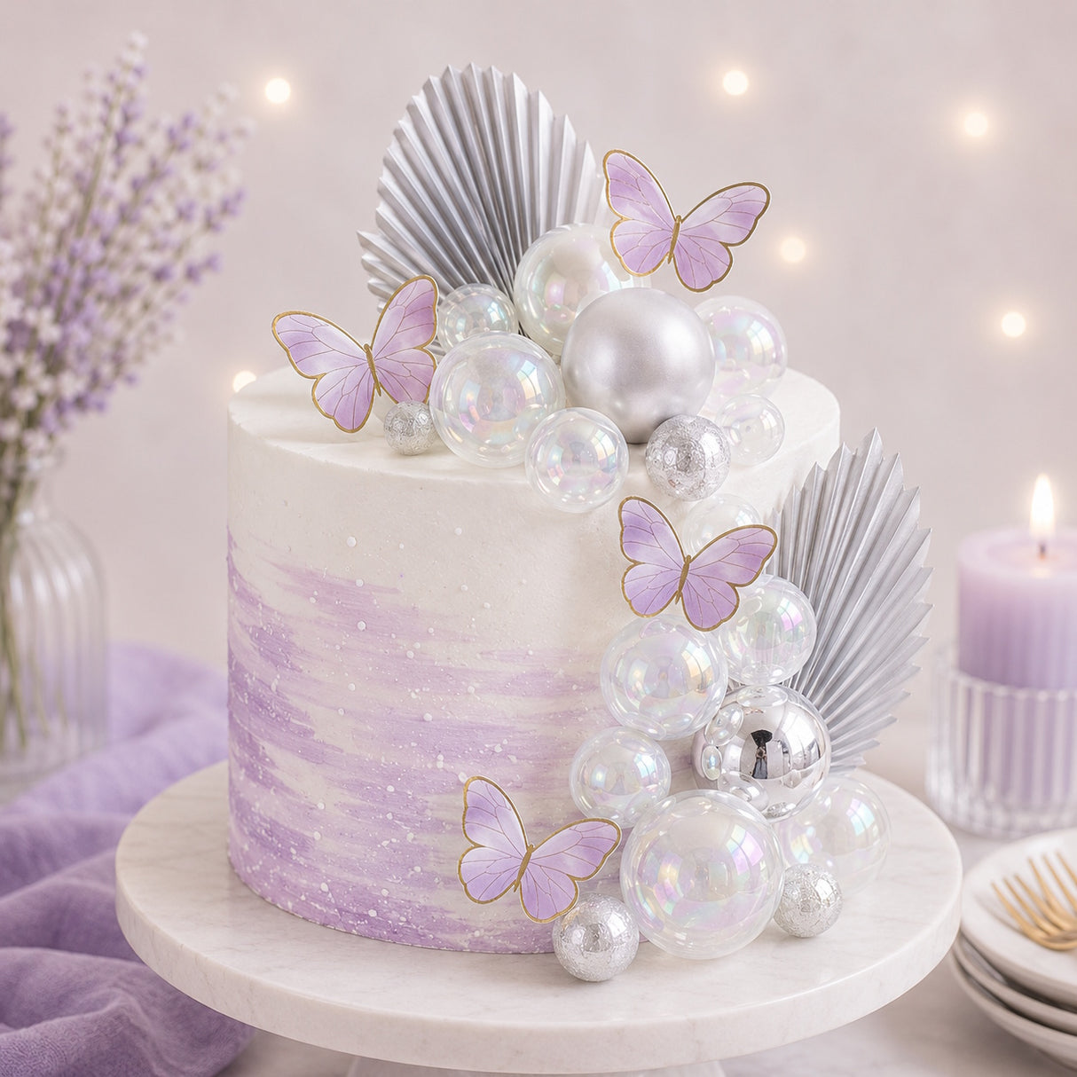 Deco Ball, Fan & Butterfly Topper Set - Clear, White & Silver