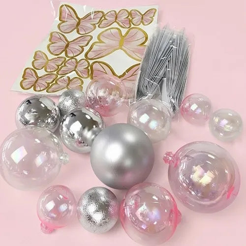 Deco Ball, Fan & Butterfly Topper Set - Clear, Pink & Silver