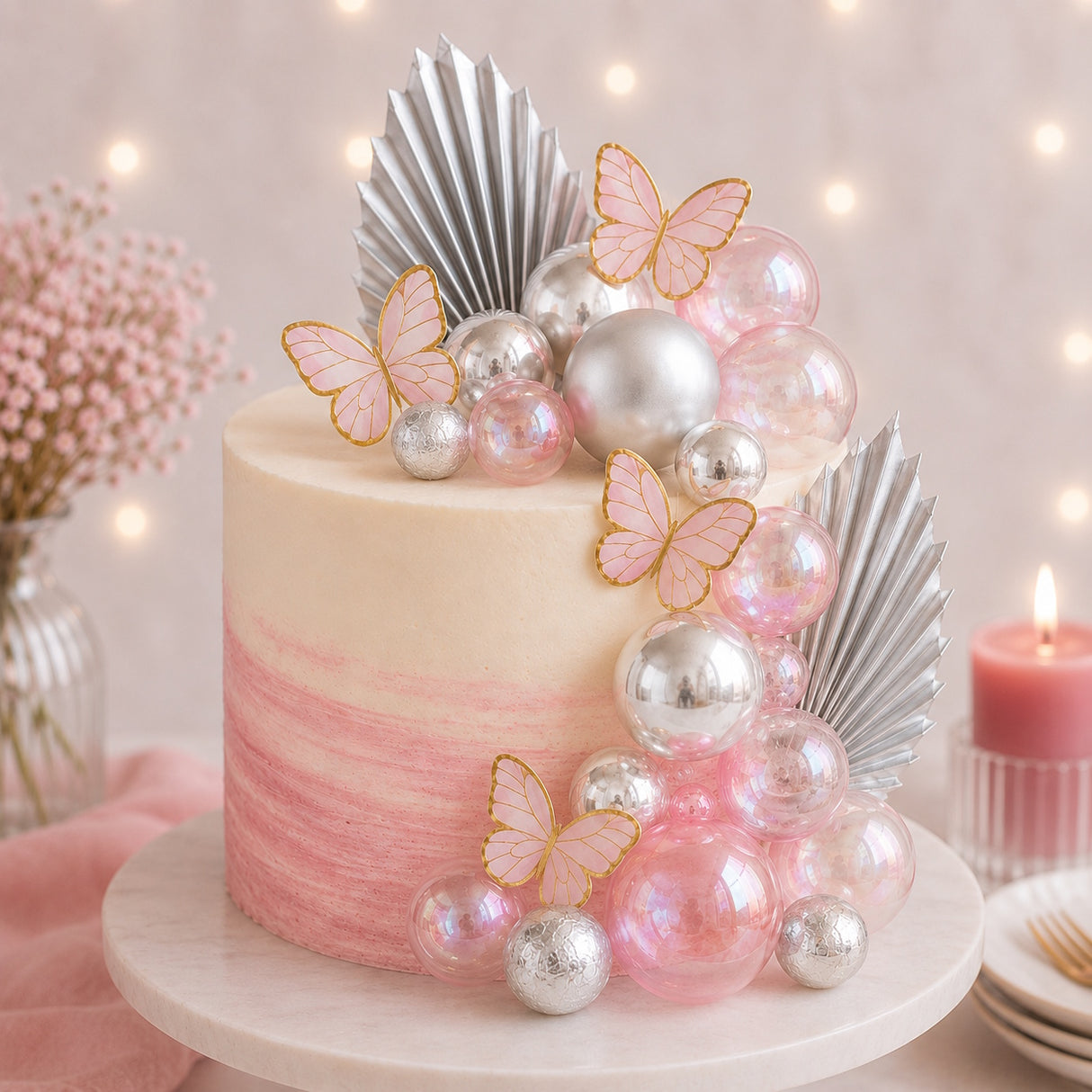 Deco Ball, Fan & Butterfly Topper Set - Clear, Pink & Silver