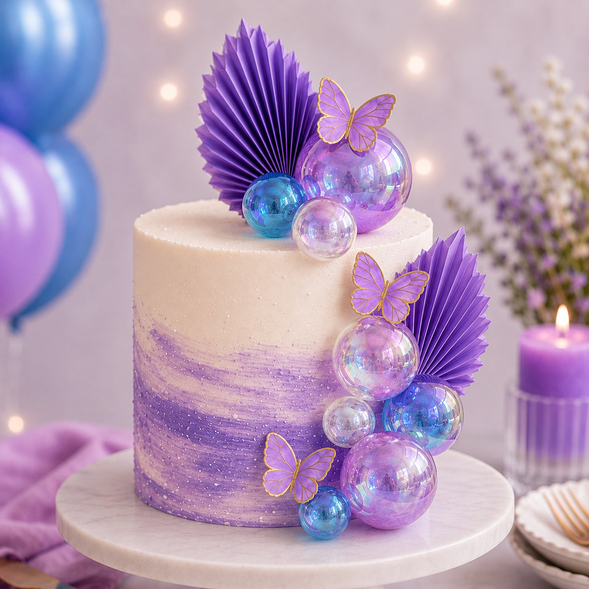 Deco Ball, Fan & Butterfly Topper Set - Blue, Purple & Silver