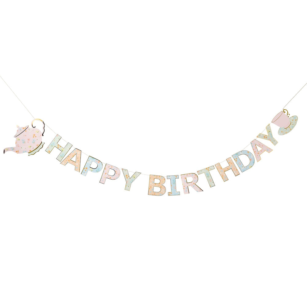 Floral Tea Party Happy Birthday Banner
