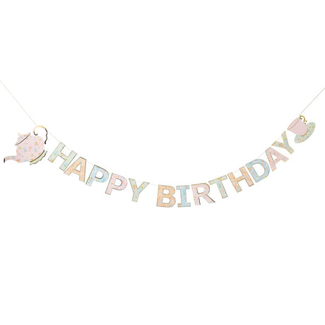 Floral Tea Party Happy Birthday Banner