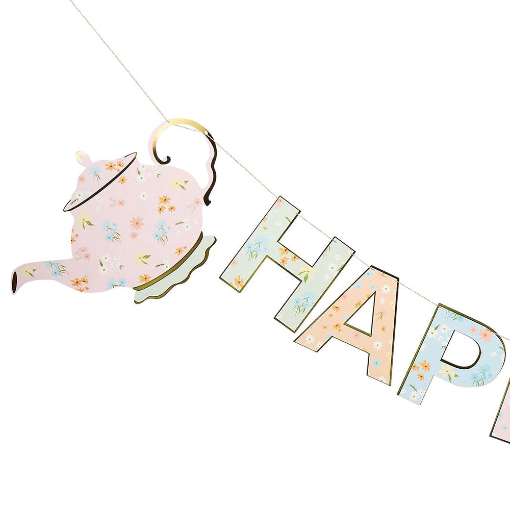 Floral Tea Party Happy Birthday Banner