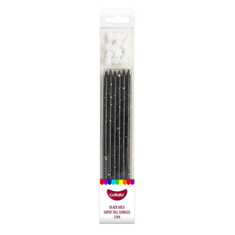 Tall Candles Black with Gold Splatter 12pk