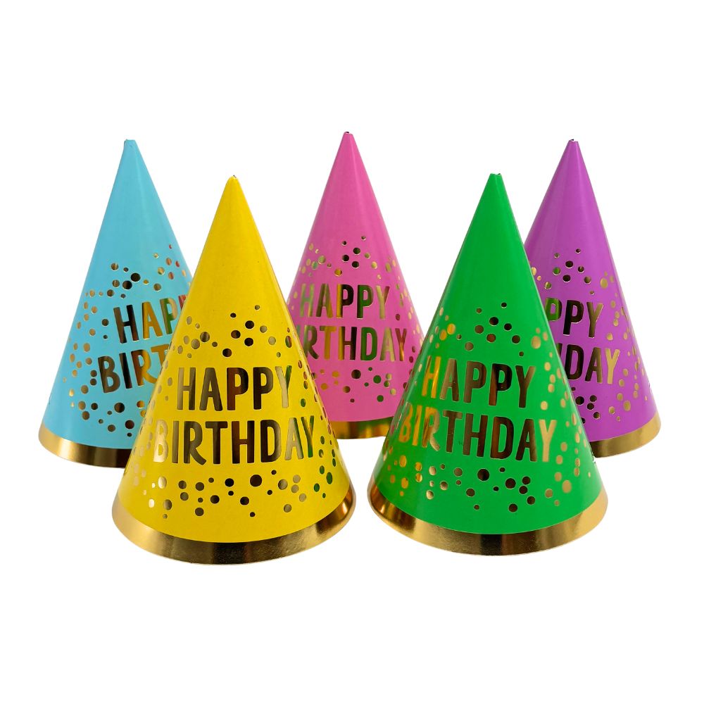 Cone Party Hats 8pk - Happy Birthday Foil