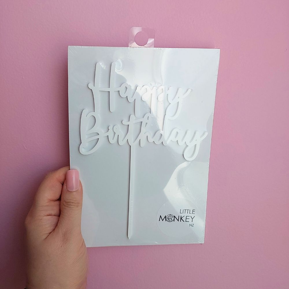 Happy Birthday Cake Topper - White Acrylic