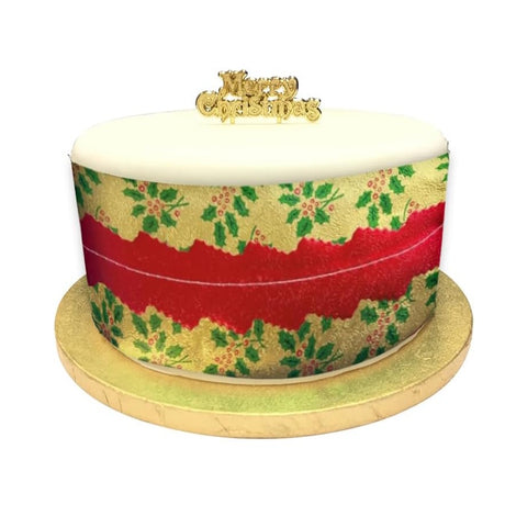 Christmas Cake Frill - Holly Print Gold with Red Centre
