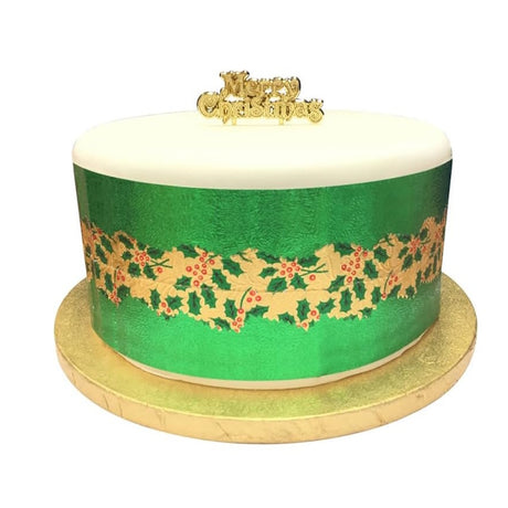 Christmas Cake Frill - Green with Holly Print Centre