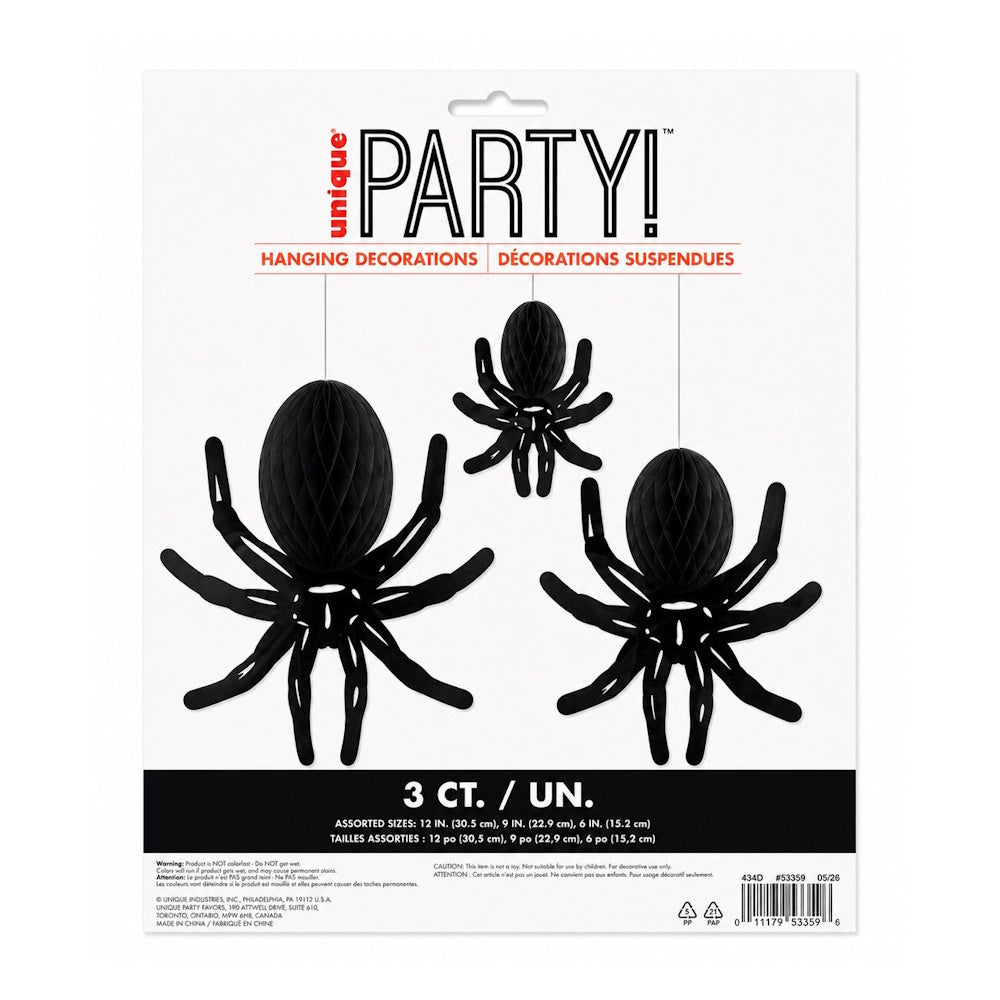 Black Spider Hanging Honeycomb Decorations 3pk