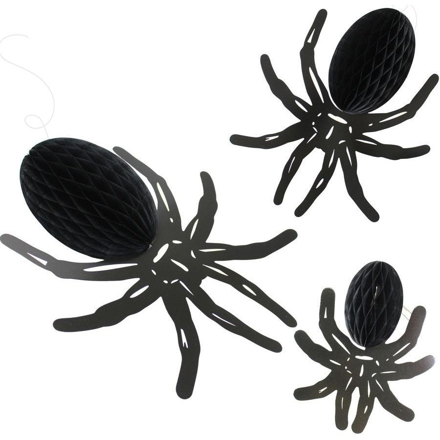 Black Spider Hanging Honeycomb Decorations 3pk