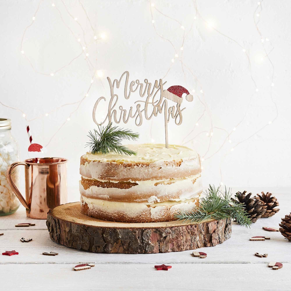 Festive Fun Wooden Merry Christmas Cake Topper