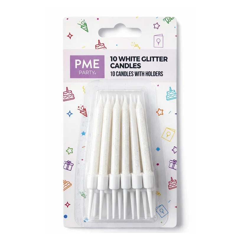 PME White Glitter Candles with Holders 10pk