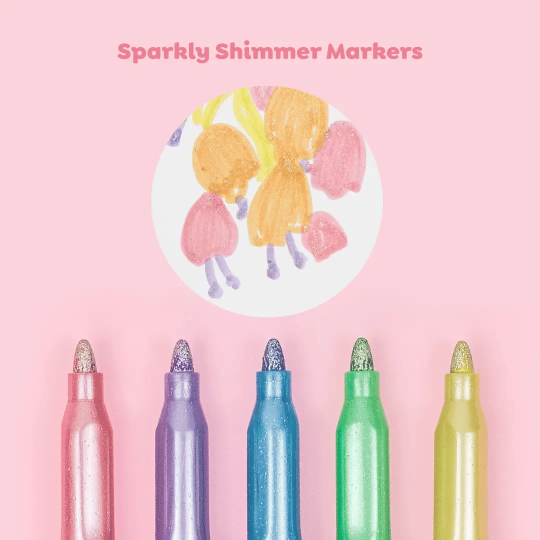 Sparkly Shimmer Markers with colorful caps on a pink background