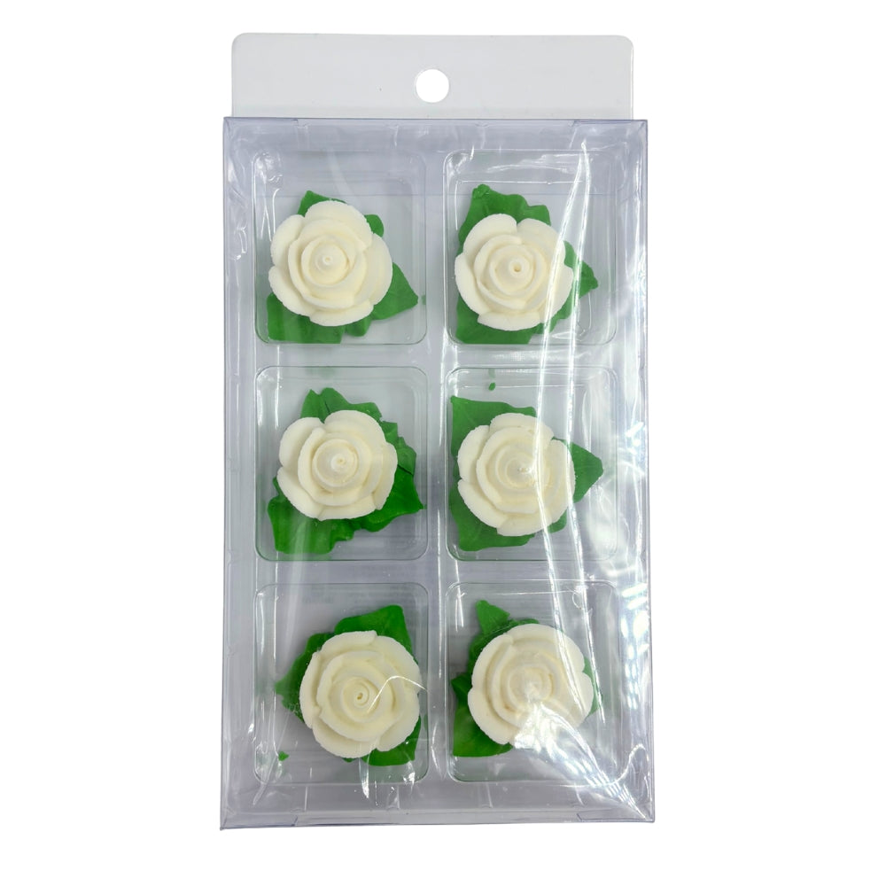 White Tiny Rose with Leaf Icing Decorations 6pk