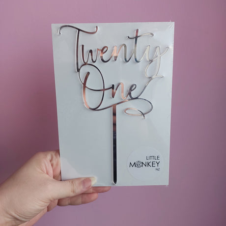 Twenty One Script Cake Topper - Silver Mirror