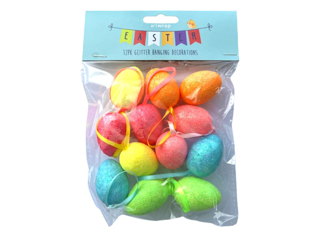 Easter Hanging Decorations Glitter Eggs 12pk