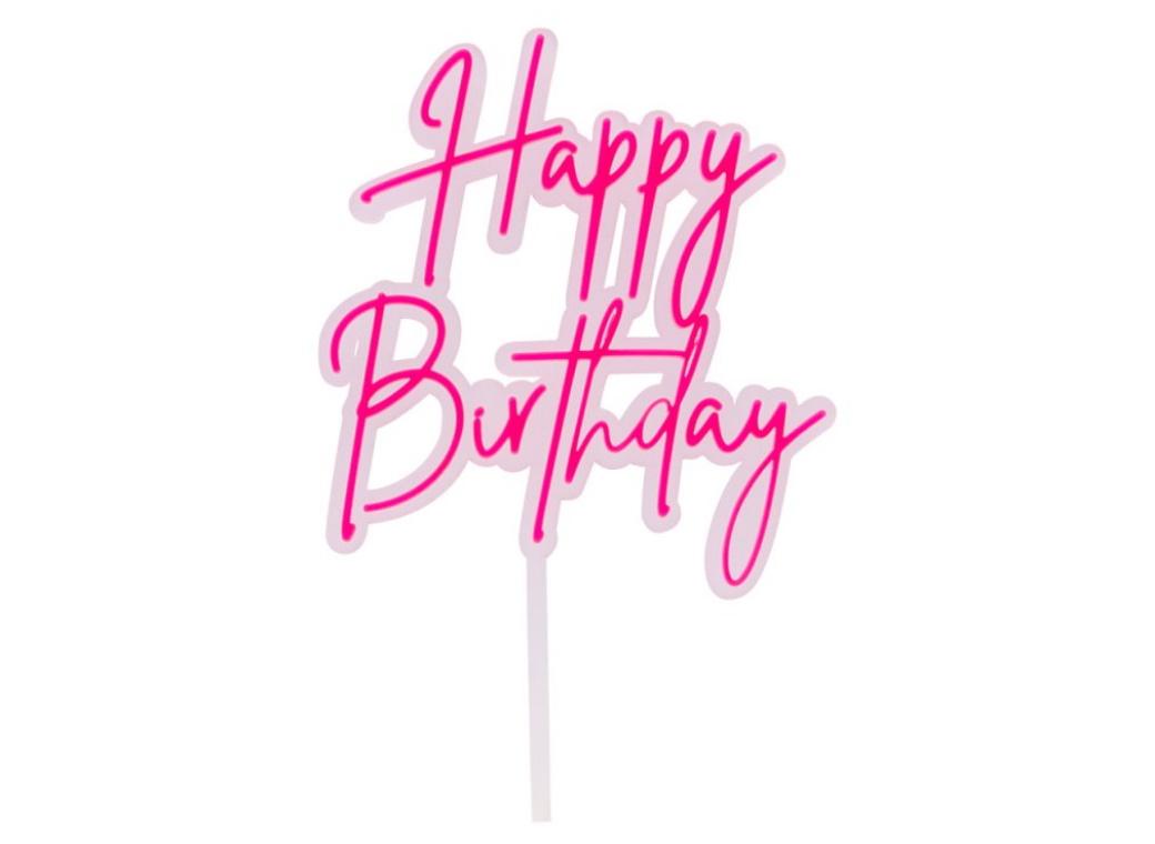 Happy Birthday Layered Cake Topper - Hot Pink / Opaque