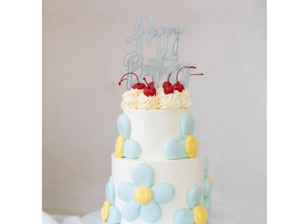 Happy Birthday Layered Cake Topper - Silver / Blue